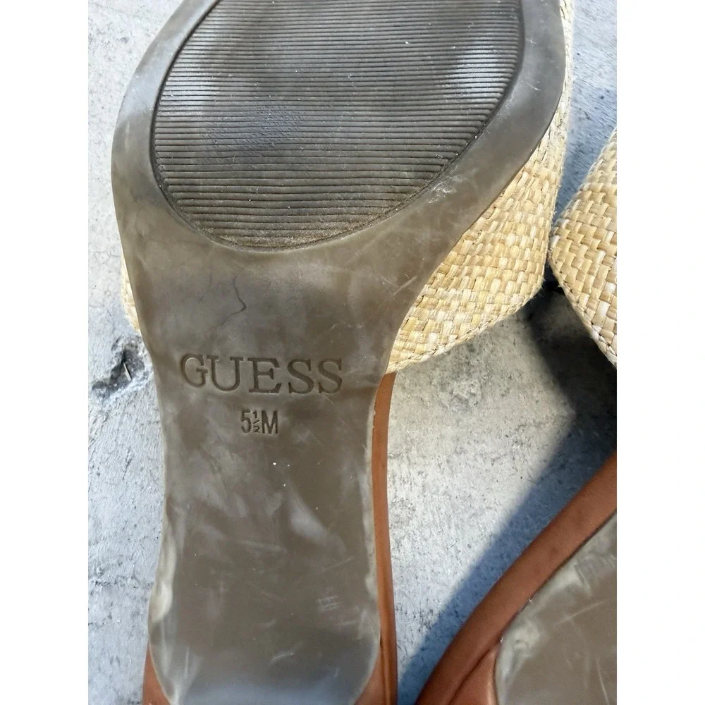 GUESS Women's Beige/Brown Raffia Logo Slide Sandals Slip-On Open Toe US 5M